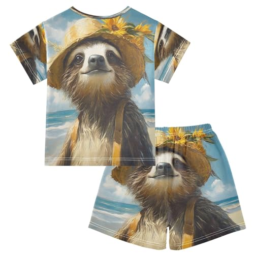ALAZA Cute Sloth Ocean Beach Pajamas Set Short Sleeve Cotton Sleepwear Summer Pjs 2 Piece 5-14Y2