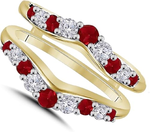 14K Yellow Gold Finish Round Cut Pink Ruby & Diamond Double Row Engagement Wedding Wrap Enhancer Ring Guard For Women's