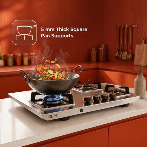 Image of Glen Ultra Tuff LPG Gas Stove 4 Burner Stainless Steel | 10 Year warranty on Burners and Gas Valve | 1 Jumbo Forged Brass Burner | Auto Ignition | 360 Revolving Brass Nozzle | 1054UTTNDTSSAI