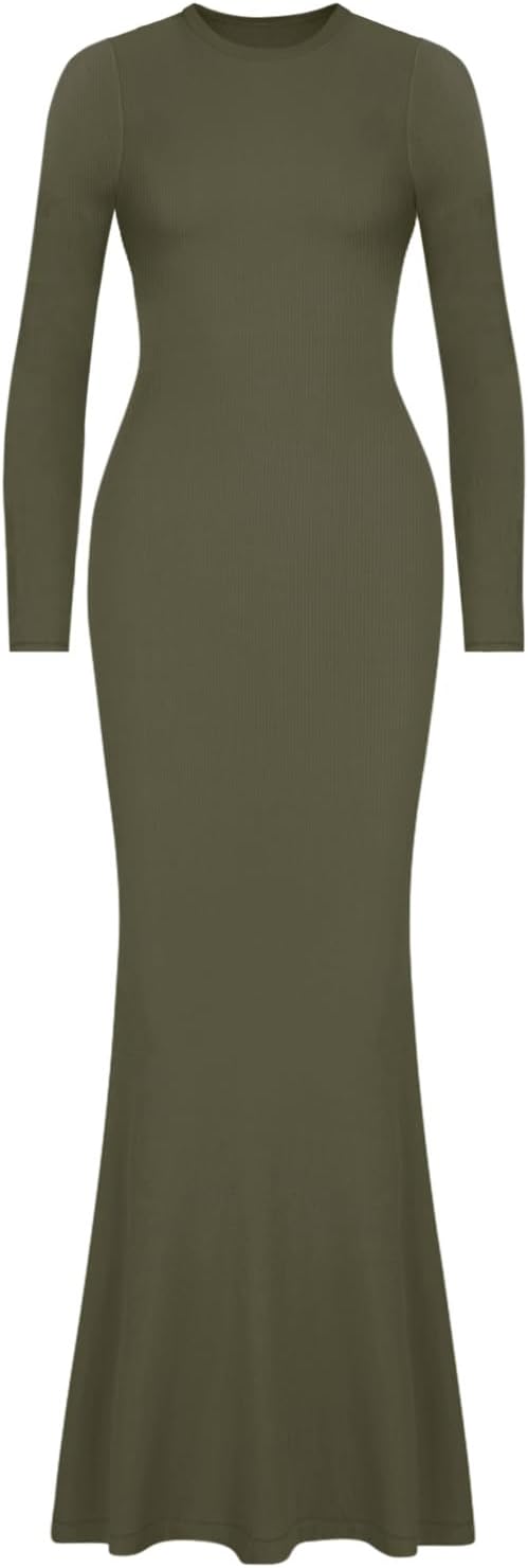 REORIA Women's Sexy Crew Neck Lounge Long Dress Elegant Long Sleeve Ribbed Bodycon Maxi Dresses - Image 5