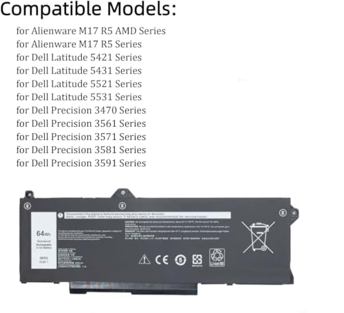 Batterie GRT01 de rechange premium pour Dell Latitude 14 5421 64Wh