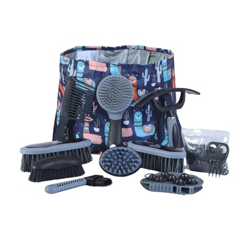 Harrison Howard Horse Grooming Kit 9-Piece Equine Care Series Horse Brush Sets with Organizer Tote Bag Tack Room Supplies Shedding Grooming Massaging Tools Dark Blue