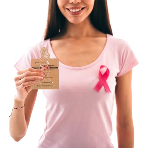 Woanger 50 Sets Breast Cancer Awareness Bracelet Pink Ribbon Adjustable Cord Bracelet with Inspirational Card for Women Girls2