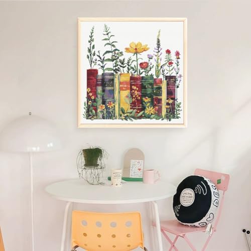 Image of KYOQFVN Stamped Cross Stitch Kits - Flower Embroidery Starter Kit for Adult Beginners, 11CT Needlepoint Cross-Stitch Patterns Dimensions Kit Arts and Crafts 14x14inch
