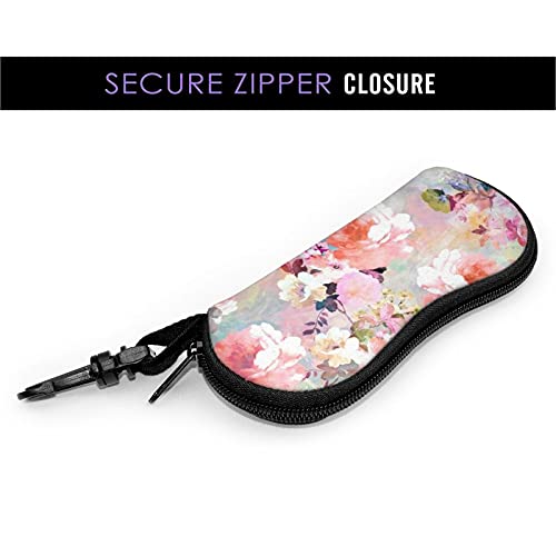 Fonsmay Watercolor Pink Flowers Pattern Sunglasses Soft Case With Carabiner Ultra Light Portable Travel Neoprene Zipper Glasses Case, Eyeglass Safety Pouch Zipper Box Case With Belt Clip #TOP2