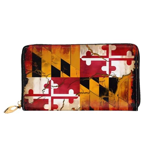 Leather Women Wallets, Long Credit Card Holder, vintage wooden maryland flag Print Billfold Clutch & Travel Purse Large Capacity