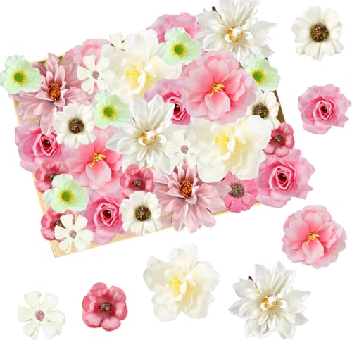 Binlava 40 Stück Kunstblumen zum Basteln, Künstliche Blumen 4~8cm, Deko Bflumen, Rosa papierblumen,Künstliche Blumenköpfe für Hochzeit Home DIY Basteln Scrapbooking Party Home Handwerk