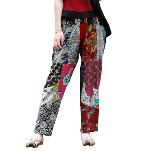 Women's Patchwork Harem Pants Cotton-Linen Blend Boho Trousers Hippie Pants with Pockets Fall Winter