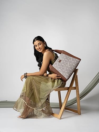 Image of ZOUK Printed Jute Handcrafted Vegan Leather Grey Women's Stylish Tote Bags | Trapezia Tote| Shoulder bag with double handle