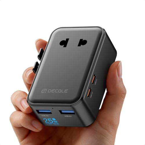 decqle “Air” Adaptador Enchufe Universal, Delgado Adaptador de Viaje con 2 USB-C(PD 25W), 2 USB-A y 1 AC, Adaptador Universal para EU, Reino Unido, Americano, Canadá, Australia & 224+País(Negro)