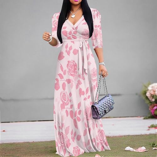 Image of Womens V Neck Maxi Dress Tea Party Dresses for Woman Plus Size Formal Dresses with Belt