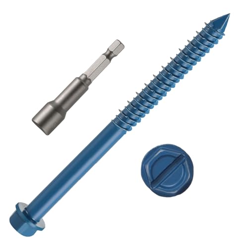 1/4" x 5" Concrete Screws, 50 PCS Blue Hex Washer Head Concrete Screws Anchor Kit with Hex Bit Socket, for Masonry, Cement, Block, Brick or Stucco