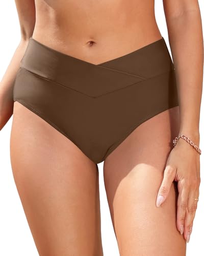 Image of Women V Cut Full Coverage Bikini Bottom - High Waist Swim Bathing Suit Bottoms Cross V Front Swimsuit