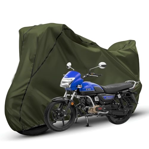 Image of Waterproof Bike Body Cover Compatible with Tvs Redon Dustproof Scratchproof - Motorcycle Cover for Two Wheeler, Outdoor Full Cover with UV, Duty, Rain Protection (Olive with Black) R1