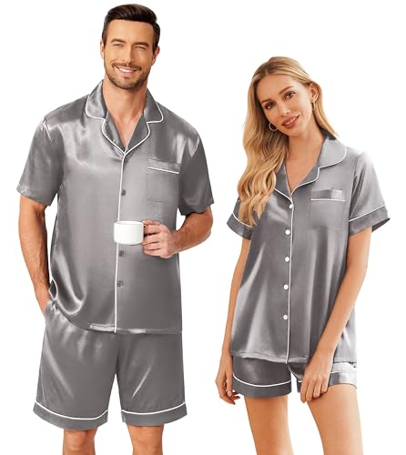 Ekouaer Satin Matching Pajamas Sets Couple Silk Button Down Sleepwear Women & Men Short Sleeve Pjs