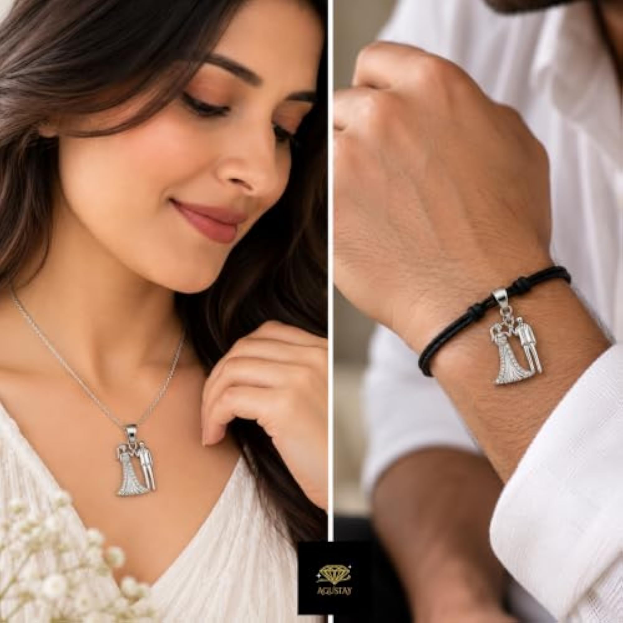 Women's 925 Sterling Silver Bride & Groom Pendant Necklace