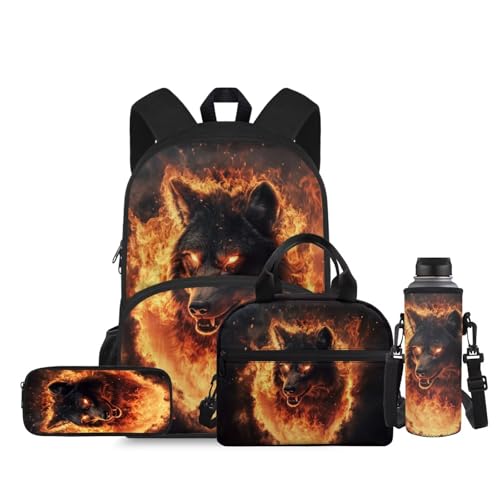 Ystardream Fashion Kids Backpack and Lunch Box Set Flaming Wolf 4Th Grade Backpack for Boys Multiple Pockets Bookbags with Pencil Case Water Bottle Sleeve for Children Travel and School Use
