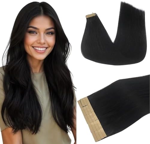 DOORES Tape in Hair Extensions Human Hair, Jet Black 20 Inch 50g 20pcs,Skin Weft Seamless Tape in Real Remy Straight Hair for Women