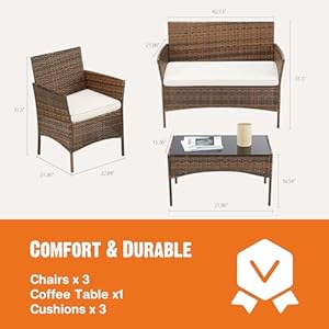 Sweetcrispy Patio Furniture Set 4 Pieces Outdoor Furniture with Soft Cushion and Glass Table All Weather Manual Weaving Wicker Rattan Patio Chairs for Garden Terrace Porch LawnsBrown