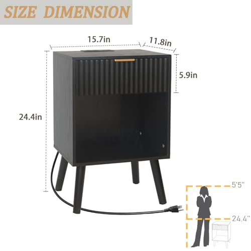 Image of Fultyle Fluted Black Nightstand with Charging Station, Mid Century Modern Bedside Table with Drawers and Outlet, Side Tables Living Room, Wooden Night Stand for Bedroom, Office (Black)