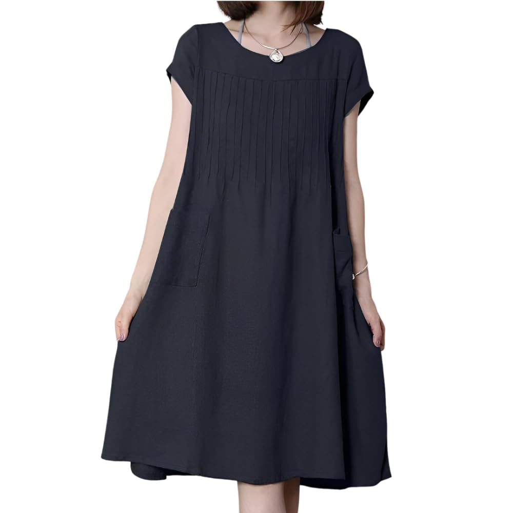 Nupucy Women's Casual Cotton Linen Pleated Crewneck Dress 2025 Summer Loose Short Sleeve Plus Size Midi Dresses with Pockets