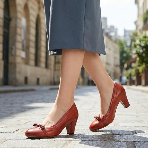Image of Mona flying Women's Leather Chunky Pumps Dress High Heel Office Work Shoes