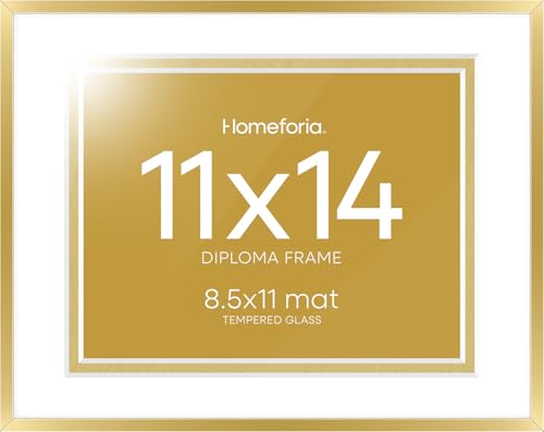 Image of Homeforia 11x14 Diploma Frame Gold, High End Metal 11 x 14 Certificate Frames with Mat 8.5 x 11 inch, 14x11 Document Frame Matted to 8.5x11, Gold Award Degree Frame, Tempered Glass, Wall Kit, Set of 3