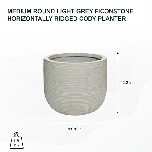 Elegant Round Horizontal Ridged Ficonstone Ivory Flower Pot 12" H x 14" W - Light Gray Indoor Outdoor Planter by Potter Pots