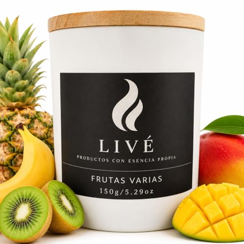 LIVÉ Vela Aromática de Frutas Variadas en Frasco de Cristal Tintado con Tapa de Madera, 35h de Duración, Cera de Soja 100% Natural, Perfume para Hogar, Decoración y Regalo, Reutilizable