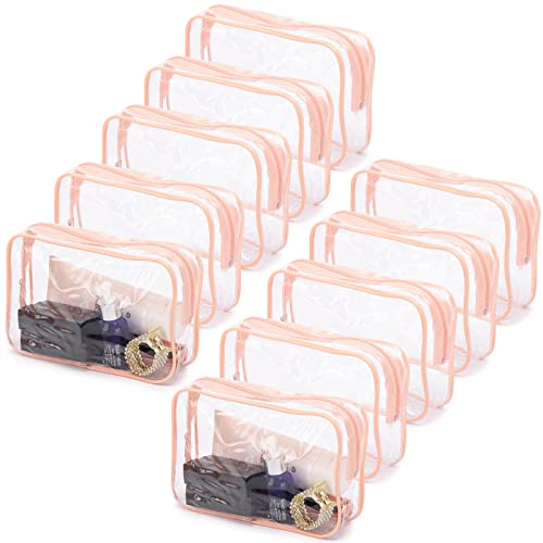 Tbestmax 10 Pcs Clear Cosmetic Bags Small Makeup Bags Portable Waterproof Travel Toiletry Bags Organizer Peach Pink, 7.5'x 4.8'x 2.3'