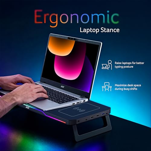 Image of Acer DeskPro Monitor /Laptop Stand with 15W Wireless Charging, RGB LED (10 Modes: Breathing, Flashing, Running, Gradient), USB Hub (3USB +Type-C), Ergonomic Riser, 25kg Load, ABS Build, Desk Organizer
