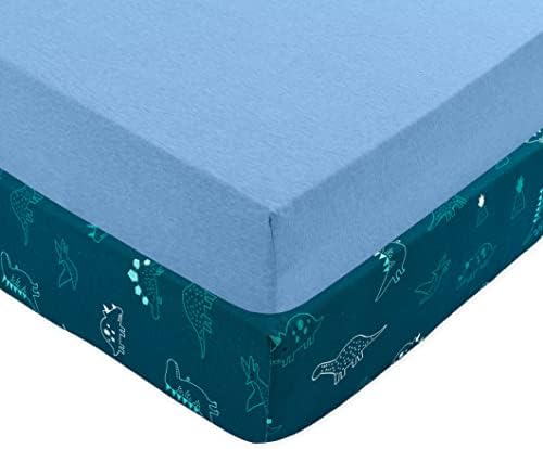 Dreamology Baby Crib Fitted Sheet, 100% Cotton Knitted Jersey, Fit Standard Crib Mattresses, Fitted Crib Sheets, Super Soft, Toddler Fitted Sheet, Durable, Unisex, 2 Pack, Dino & Sky Blue, 28"x52"x9"