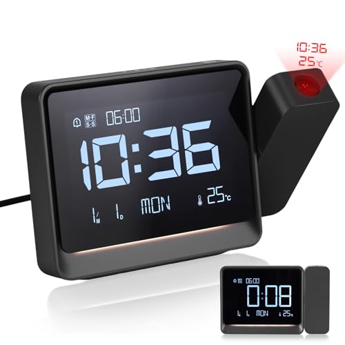 Miniatura 9 de Despertador Proyector Techo,Relojes De Proyección Digital Con Temperatura,Modo Día Laborable Fin De Semana,Fecha,Bluetooth,Snooze,Luz Nocturna,12 24 Horas,4 Niveles De Brillo Ajustable Para Dormitorio