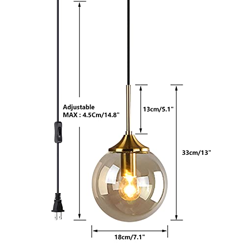 Bokt Modern Gold Globe Plug In Pendant Light Kitchen Island Amber Glass Ball Chandelier Hanging Light Plug In Cord Mid Century Mini Brass Round Pendant Lighting (7.1”-Amber) #TOP1