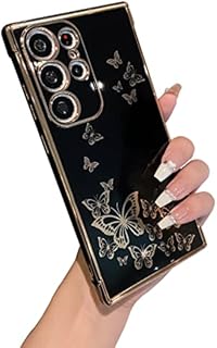 ZTOFERA Case for Samsung S23 Ultra 5G, Plating Butterfly Pattern Case with Electroplate Golden Edging, Flexible TPU Protective Shockproof Bumper Cover for Samsung Galaxy S23 Ultra - White
