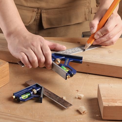 WORKPRO Kombinationswinkel 150mm & 300mm, Anschlagwinkel Universalwinkel mit Wasserwaage und Anreissnadel, Einstellbar Winkelmesser aus Edelstahl 90/45 Grad Messwerkzeug mit Zinklegierungsgriff