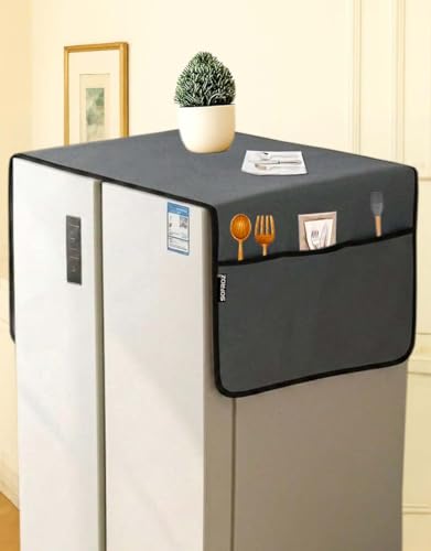 Image of Refrigerator Double Door Waterproof, Dustproof, Protective Cover for Fridges with Extra Storage Space Nylon Top Cover with 6 Storage Pockets (170 x 65 cm) (Grey)