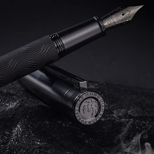 Hongdian Black Forest Max Fountain Pen, Titanium-Coated Medium Nib Chinese Knot Engraving Smooth Writing Pen With Converter And Metal Pen Case Set #TOP3
