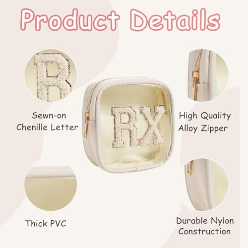 Small Chenille Letter Clear Medicine Makeup Bags,Nylon PVC Waterproof Rx Pouch with Metal Zipper, Cute Drug First Aid Travel Organizer for Women Girls(06Beige)3