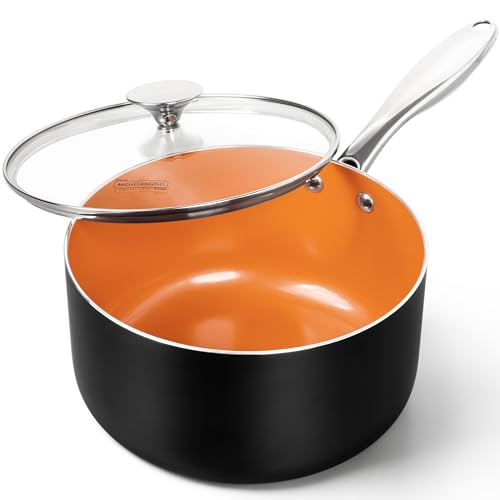 MICHELANGELO 4 Quart Saucepan with Lid - Ultra Nonstick Sauce Pan with Ceramic Coating, 4 Qt Non Stick Pot Induction Compatible, Copper