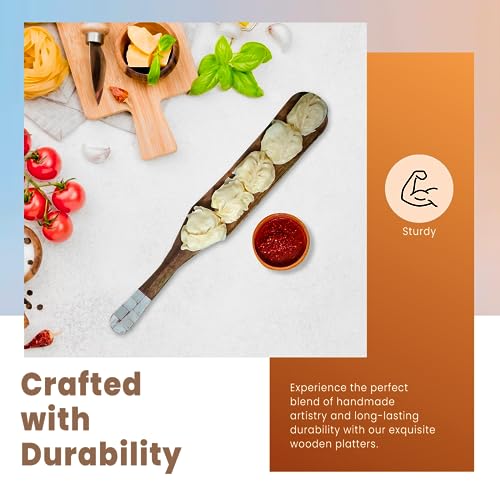 Image of Wooden Platters| Rosewood Serving Trays| Rosewood Momo Platter with Shell-Decorated Handle| Handcrafted Decorative Trays for Serving Snacks Fruits Desserts