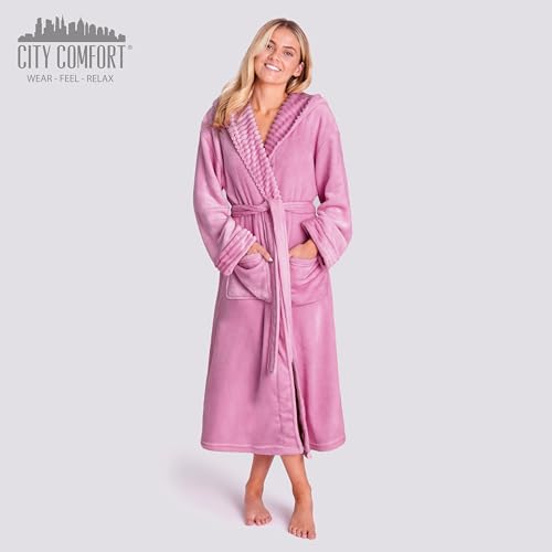 CityComfort Ladies Dressing Gown Fluffy Super Soft Hooded Bathrobe for Women Plush Fleece Perfect Loungewear Long Robe