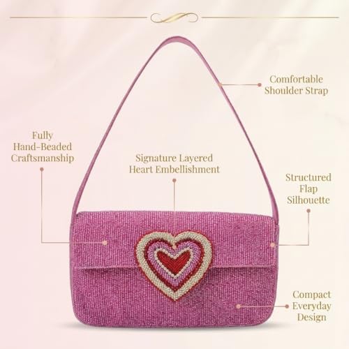 Image of Boho Girl Chic Pink Heart Embellished Fully Beaded Shoulder Bag for Women, Luxury Handbag, Ladies Bag, Tote Bag, Shoulder Bag, Designer Stylish Bag for Women
