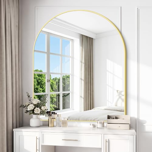 Image of BONEWEI Arched Wall Mirror,36x40 inch Gold Arched Mirror Bathroom,Vanity Mirror for Over Sink Metal Frame,Tempered Glass Arch Mirrors for Bedroom,Entryway,Living Room,Home Decor Shatter-Proof