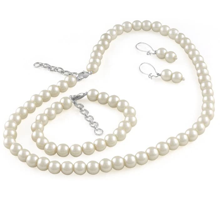 Image of JFL Combo Imitation 6mm Round Pearl Necklace Set Moti Mala Pearl Set With Earrings,Bracelet Handcrafted Jewellery for Less