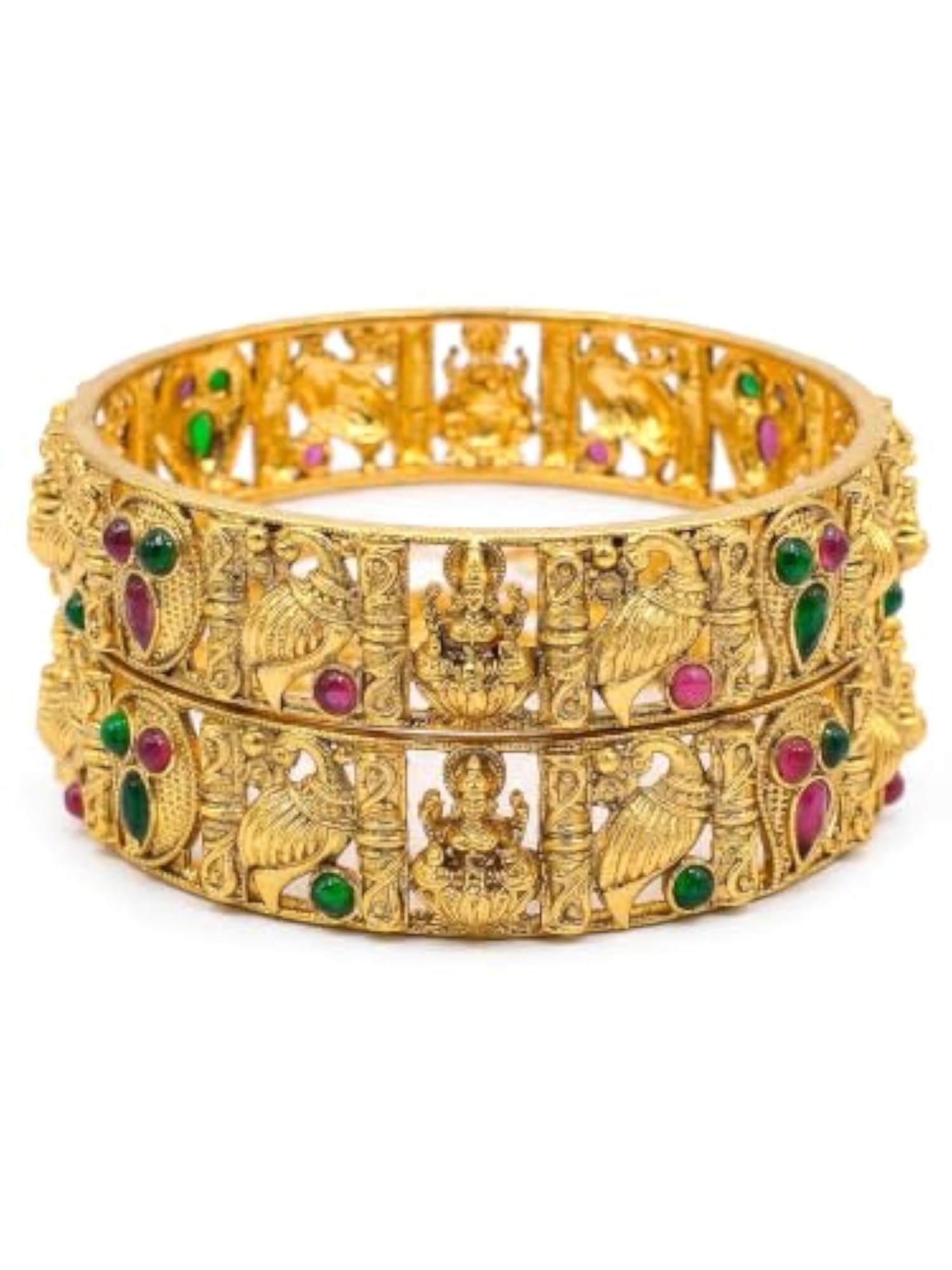 Women's Traditional Gold-Plated Temple Red Green Stone Bangles