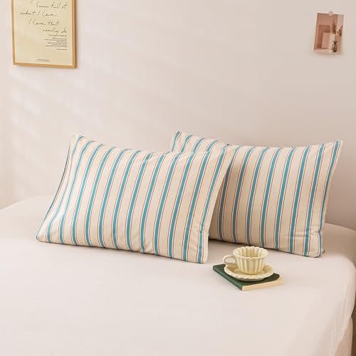 Image of ECOCOTT Striped Pillowcases King Size Set of 2, 100% Washed Cotton Pillow Cases with Envelope Closure, Blue&Brown Ticking Stripe Pillow Covers 20 inchX36 inch