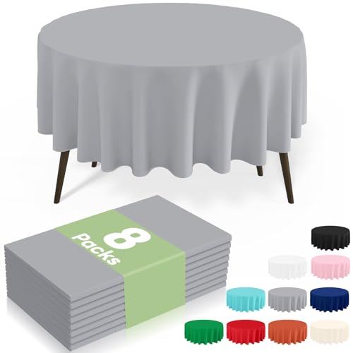 Image of misaya 8 Packs Disposable Plastic Table Cloth, 84 inch Round Waterproof Tablecloth, Leakproof & Sturdy Decorative Table Covers for Picnic, Party, Outdoor and Back to School, Grey