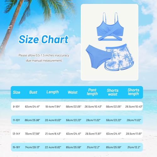 Image of Girl's 3 Piece Bikini Set Cross Strap Swimsuits for Girls Bathing Suit with Shorts Teen Swimwear Swimming Suit