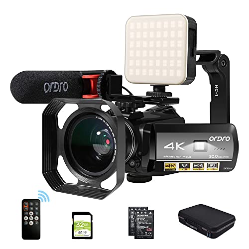 ORDRO 4K Camcorder Video Camera for Vlogging YouTube 1080P 60FPS 30MP IR Night Vision Wi-Fi 3.0” IPS Recorder Camcorders with Microphone LED Light Wide Angle Lens Handheld Stabilizer and 32GB SD Card